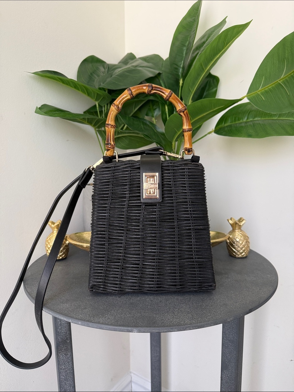 Black Woven Bag with Bamboo Handle
